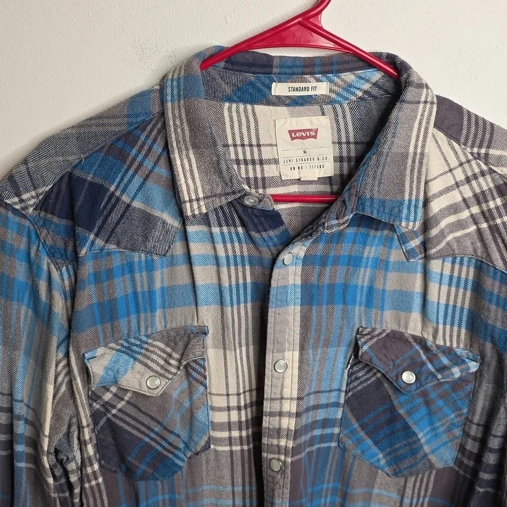 Levi's Men's Blue Plaid Pearlsnap Shirt Sz  XL